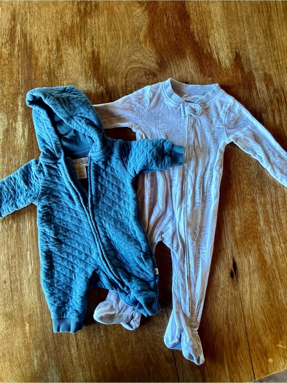 The Honest Company Blue Quilted Hooded Footie & White Patterned Zipper One-Piece